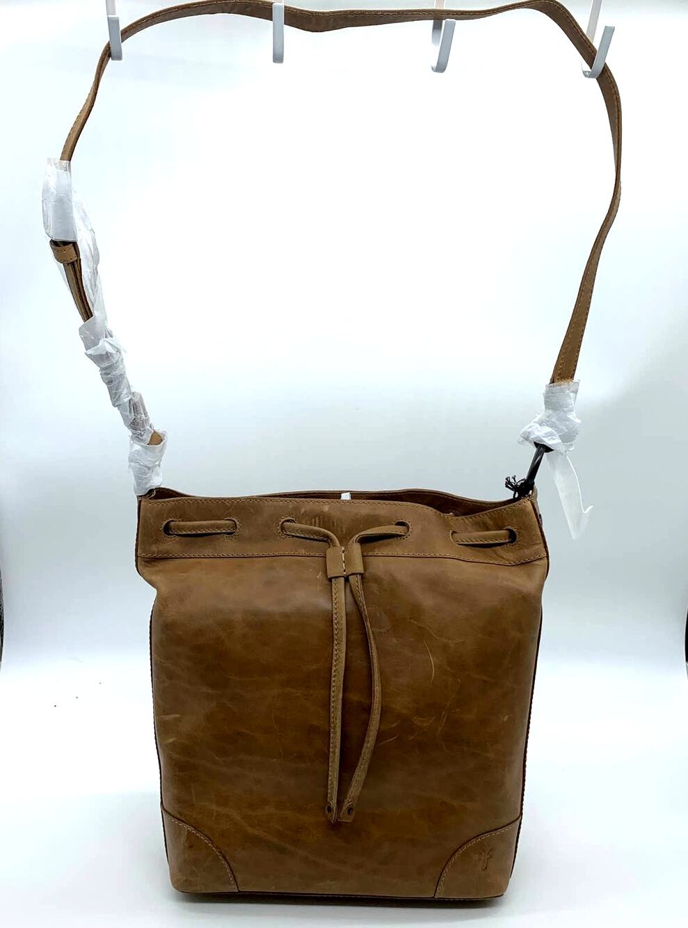 Frye Leather Handbags Melissa Drawstring Hobo Bag Brown Beige Color Purse (NWT)